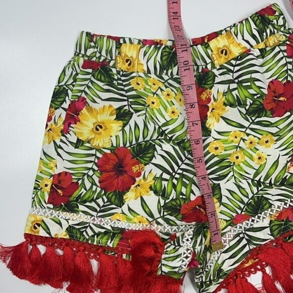 NWT xoxo Tropical Floral Print Linen Shorts w Red Tassel Fringe XS - Picture 8 of 9